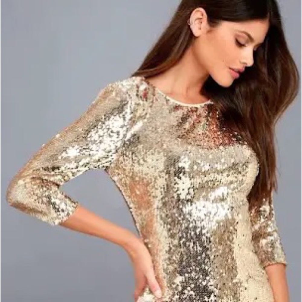LULUS: GOLD SEQUIN V NECK  SLIT SLEEVE DRESS SIZE S